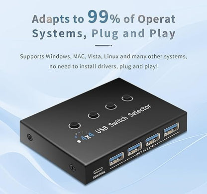 USB 3.0 Switch 4 Computers 3 Computers Keyboard Mouse,4 Port USB Switcher Sharing Mouse Keyboard Scanner Printer, Includes Cables and Remote