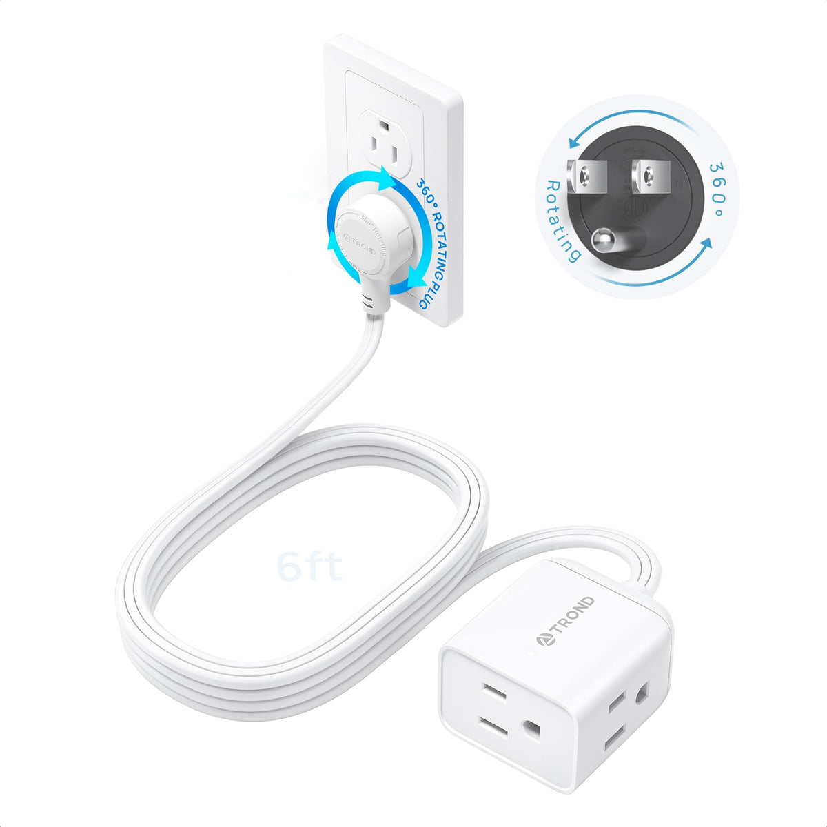 TROND Rotating Flat Plug Extension Cord Surge Protector 1.5ft, 3 AC, White