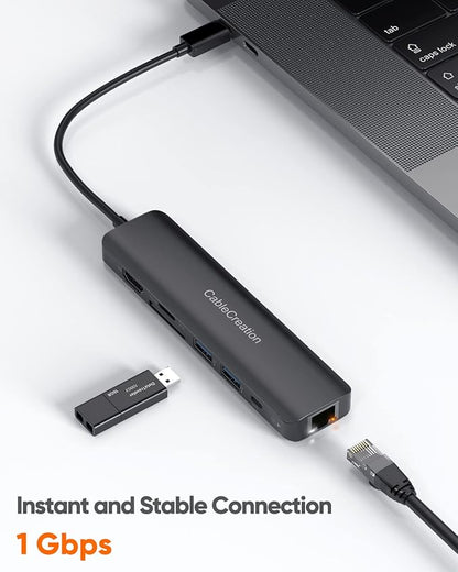 USB C Hub with Ethernet, CableCreation 7 in 1 4k@60Hz HDMI USB C Multiport Adapter with 100W PD, 2 USB 3.0 Ports, SD/TF Cards Reader Compatible for MacBook Pro/Air M1 M2, iPad Pro/Air, Dell XPS, HP