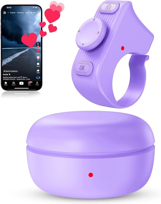 duskeep TikTok Scrolling Ring Remote Control, Camera Shutter Remote, Wireless Bluetooth Scrolling Ring for iPhone, iPad, iOS, Android - Purple