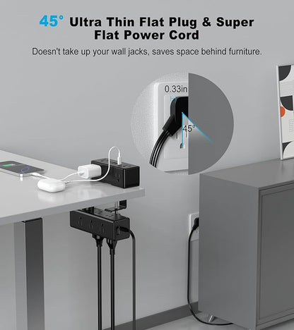 Dual Layer Desk Clamp Power Strip, 19 in 1 Desktop Edge Mount Surge Protector with 4 USB Ports(2 USB-C) & 15 AC Outlets, Ultra Thin Flat Plug & 15FT Power Cord for Office Home(ETL Listed)