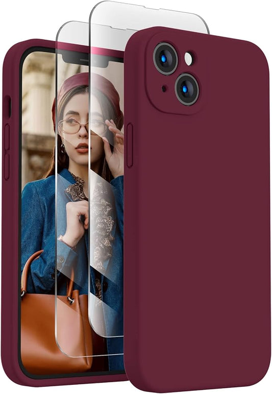 FireNova Designed for iPhone 14 Case, Silicone Upgraded [Camera Protection] Phone Case with [2 Screen Protectors], Soft Anti-Scratch Microfiber Lining Inside, 6.1 inch, Plum