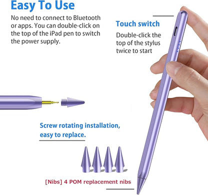 Stylus Pen for iPad 9th&10th - Fast Charge for iPad Pencil Palm Rejection Active Pen Compatible with (2018-2025) Apple iPad 6/7/8/9/10/11(A16), Pro 11"/12.9"/M4, Mini 5/6, Air 3/4/5/M2/M3 (Purple)