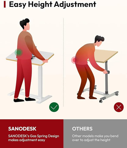 SANODESK Medical Adjustable Overbed Bedside Table with Casters 90° Tilt Top Pneumatic Mobile Rolling Laptop Computer Standing Desk Cart with Tray, Hospital and Home Use(31.5" W x 17.7" D, Maple)