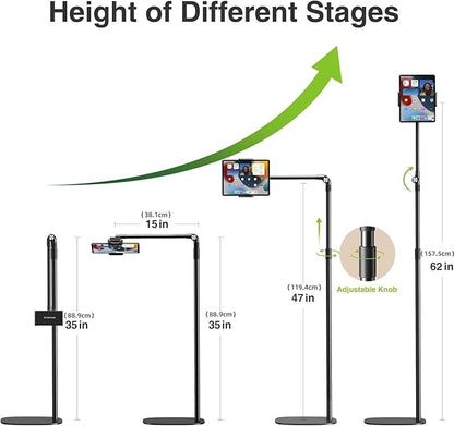 elitehood iPad Stand Floor, Height Adjustable Tablet Floor Stand with Heavy Base, 360° Rotatable Kinlde Holder for Reading in Bed, Fit 4.7''-13'' iPad mini Air Pro, Galaxy Tab, Kindle and Cell Phone