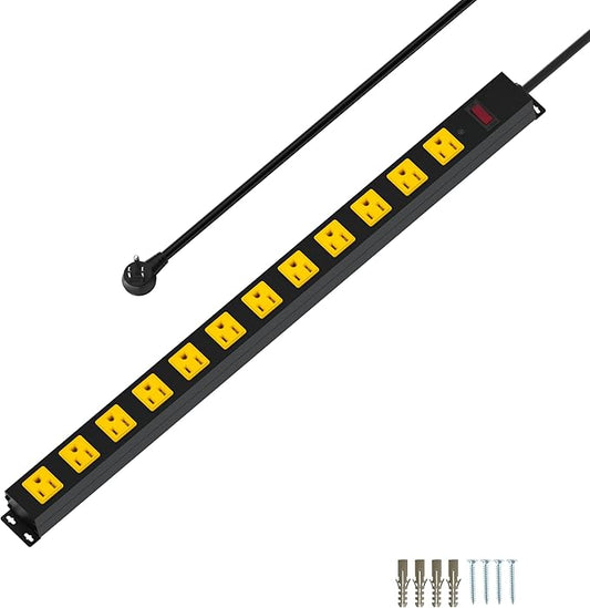 Metal 12 Outlet Mountable Power Strip, 2100J Surge Protector with Heavy Duty 15ft Extension Cord, Wide Spaced and Wall Mount Metal Powerstrip for Garage, Desk, Industrial, Shop and Indoor (15ft)