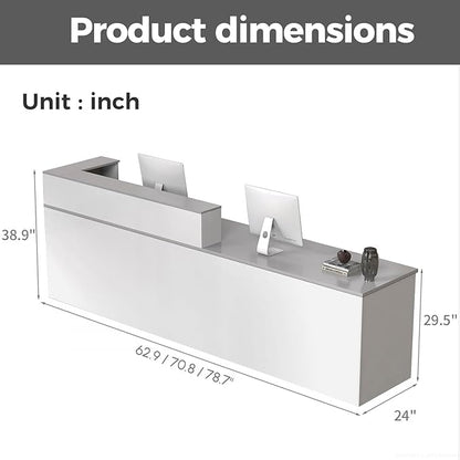 Reception Desk with Counter, Modern Front Desk Reception Counter with Keyboard Tray, Lockable Drawer and Storage Shelves for Office, Retail, Salon (White+Gray/Right, 71" L*24" W*39" H)