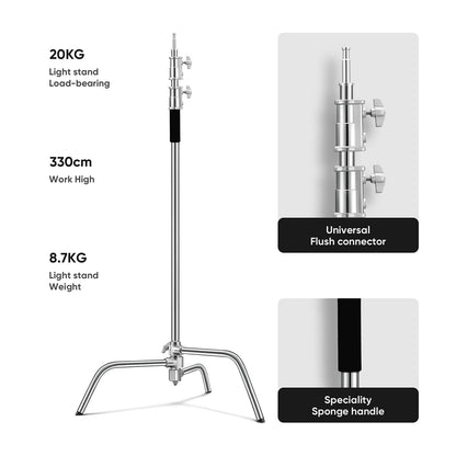 Heavy Duty C Stand 10.8ft/330cm with Boom Arm 100% Stainless Steel Photography C-Stand with Carry Bag Sandbag 3*Clip 2*Grip Head for Photography Studio Video Monolight Softbox Shooting