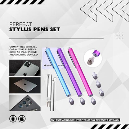 The Friendly Swede Mesh Tip Stylus Pen for Touchscreen — 3-Pack Micro-Knit Capacitive Stylus Pen for iPad & iPhone with 3 Replaceable Fiber Tips, Elastic Lanyards & Screen Cleaning Cloth
