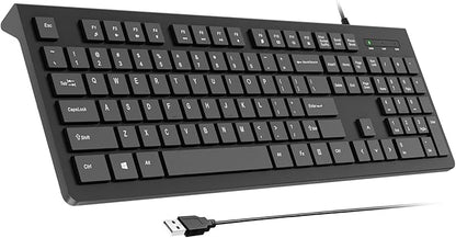 Computer Keyboard Wired, Plug Play USB Keyboard, Low Profile Chiclet Keys, Large Number Pad, Caps Indicators, Foldable Stands, Spill-Resistant, Anti-Wear Letters for PC Laptop (Black, 1-Pack)