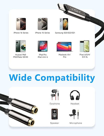 2 Pack VIOY USB C to Dual 3.5mm Female Headphone Splitter, Type C to Headphone Audio Jack Adapter 2 Way Compatible with iPhone 16/15 Plus Pro Max, iPad Air Pro, Galaxy S24/23 Ultra, Pixel 7/6 and More