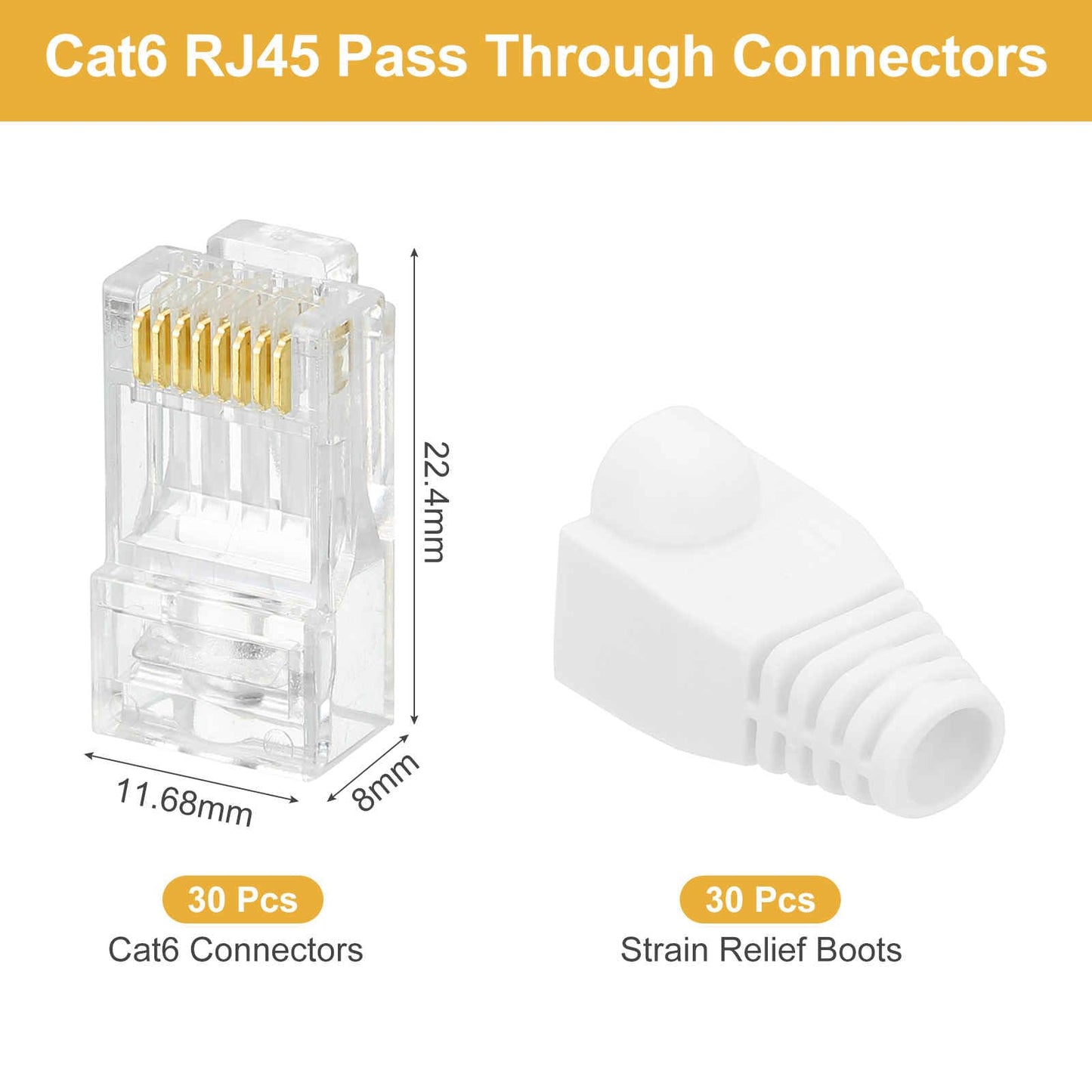 MECCANIXITY 30pcs Cat6 RJ45 Pass Through Connectors, RJ45 Connector 8P8C Gold Plated Plugs with 30pcs White Strain Relief Boots for Solid or Stranded UTP Ethernet Cable, 1.1mm