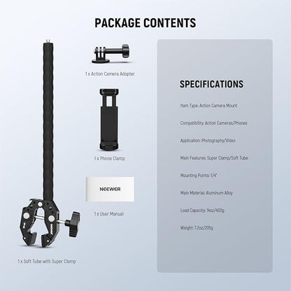Neewer Action Camera Mount Kit with Super Clamp, Soft Tube, Adapter, Phone Holder for Flat/Round Surfaces, Compatible with GoPro, Insta360, DJI Action Camera, Smartphone
