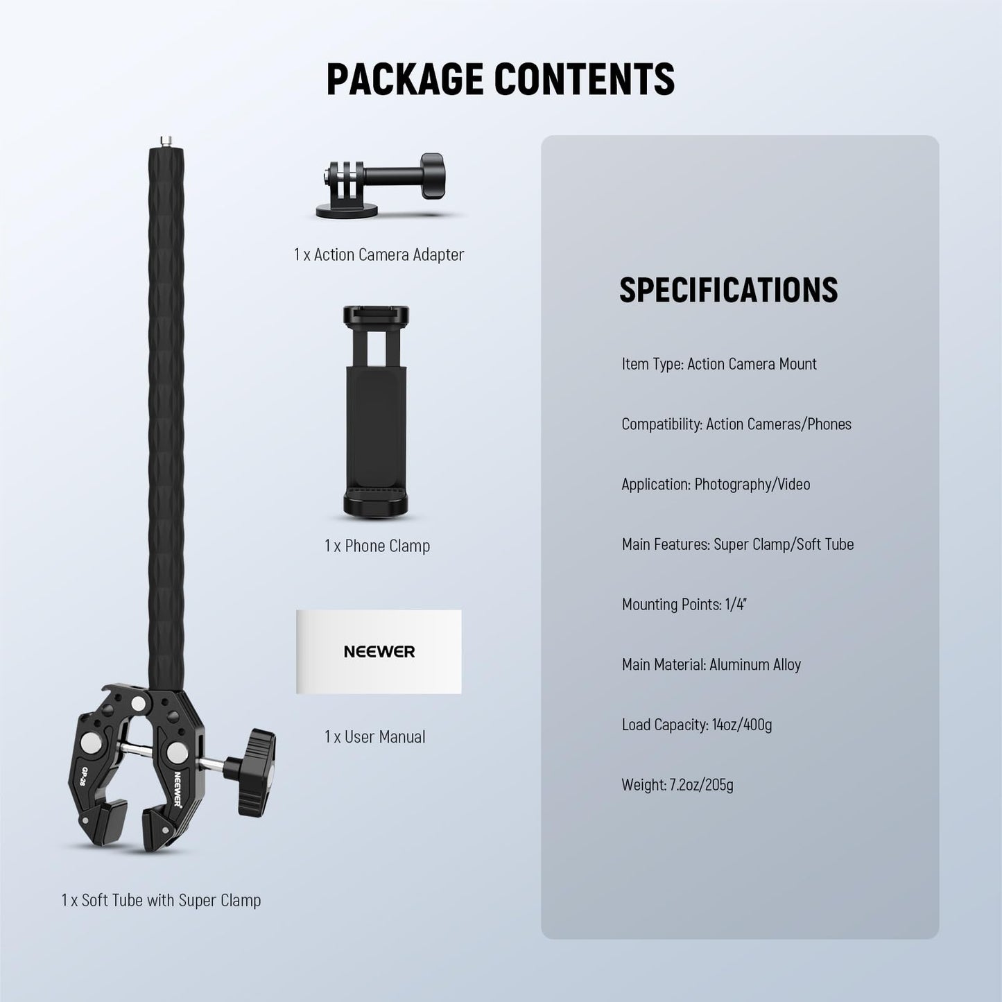 NEEWER Action Camera Mount Kit with Super Clamp, Soft Tube, Action Camera Adapter, Adjustable Holder for Flat/Round Surfaces, Compatible with GoPro Insta360 DJI Smartphone GP-26
