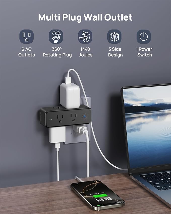TROND Outlet Extender Surge Protector with 6 AC Plug Splitter