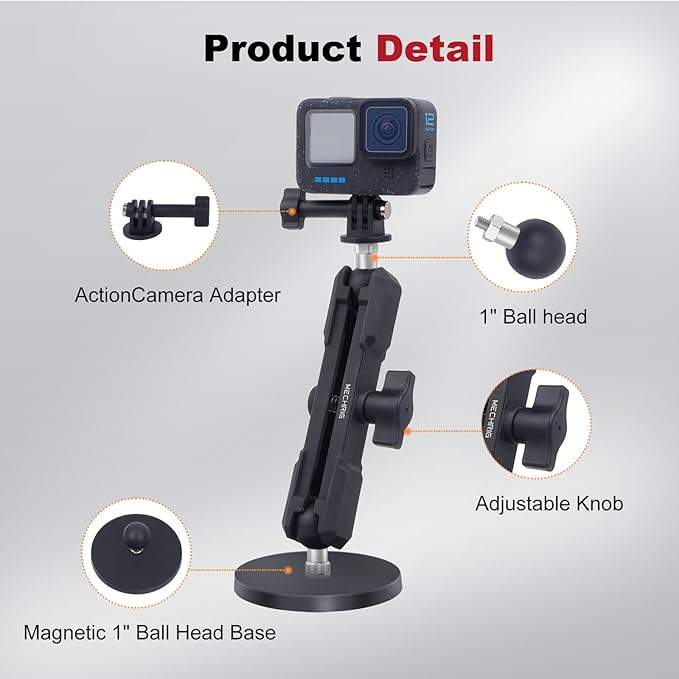 Magnetic Camera Mount for Action Camera, 12 Strong Magnet Base with 360 Rotation Ball Head- Quick Car Holder Attachment for DJl Action 5 Pro 4 Osm0 Pocket 3 GoPrO Max her0 13 12 lnsta36o X5 X4,JC030