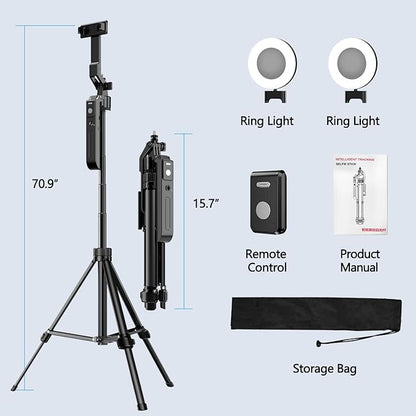 70.9" Auto Face Tracking Tripod 360° Rotation with Lights, Motion Sensor Phone Tripod Stand Selfie Stick with Remote, Face Body Gesture Control Phone Camera Holder for Vlog/Live Stream/Video Recording
