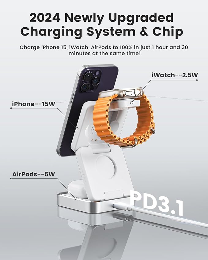 3-in-1 Wireless Charger for iPhone,15W Fast Wireless Charging Station Compatible with Mag-Safe Charger,Magnetic Foldable Travel Charger Stand Nightstand for iPhone 16/15/14/13/12,Apple Watch&AirPods
