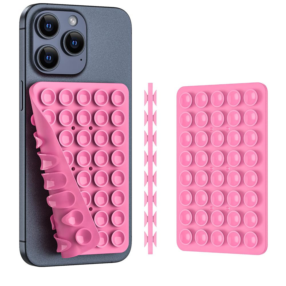 CMZZ Double Sided Silicone Suction Phone Holder Mount, Silicon Accessory for iPhone and Android, Hands-Free Mirror Shower Phone Holder, TikTok Videos and Selfies (Pink+Transparent)