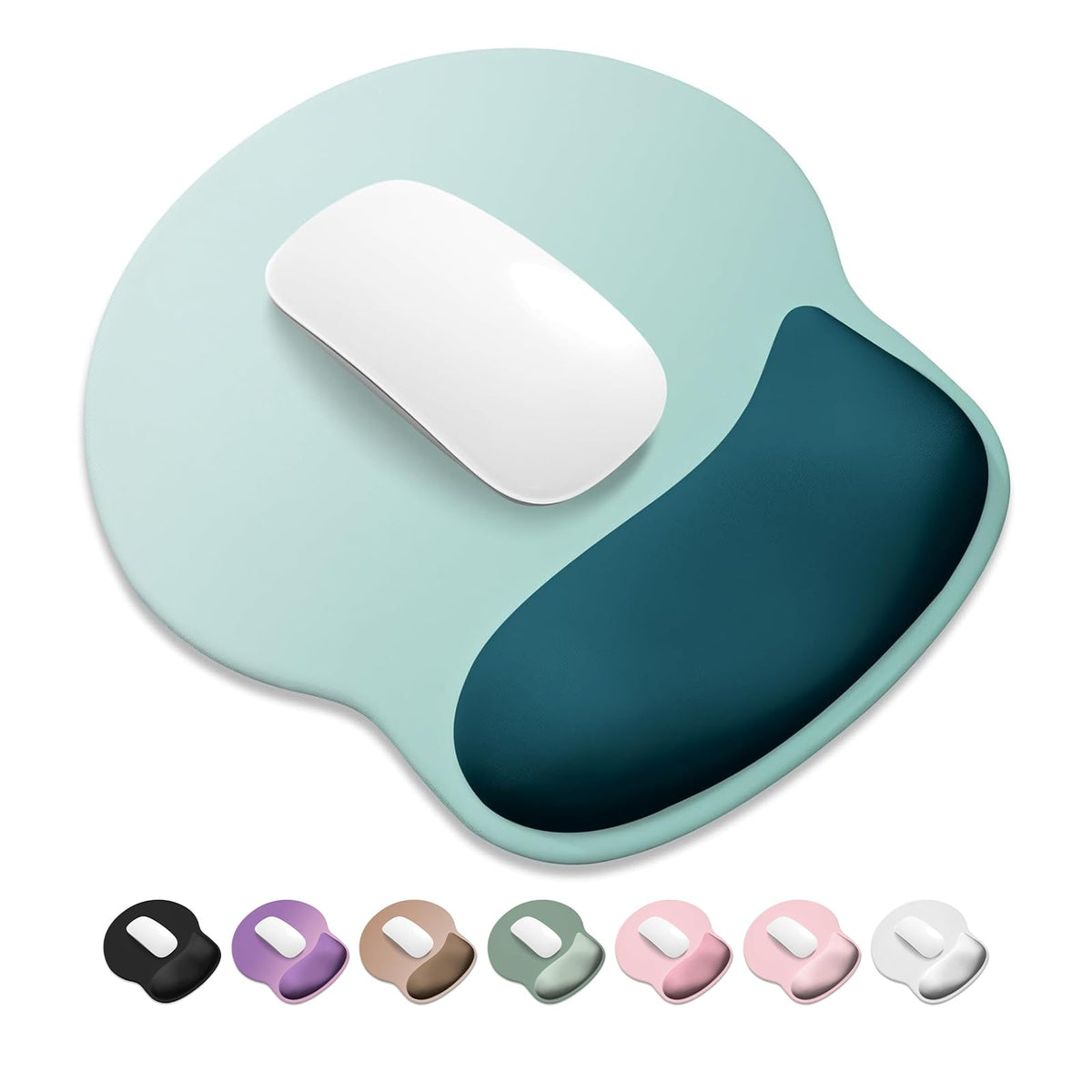 ITNRSIIET Ergonomic Mouse Pad with Wider Memory Foam Wrist Rest +17% - Curved Cushion Reduces Pressure 20%, Pain Relief, Non-Slip, Smooth, Cute Colors, 9.85 x 9 in, White
