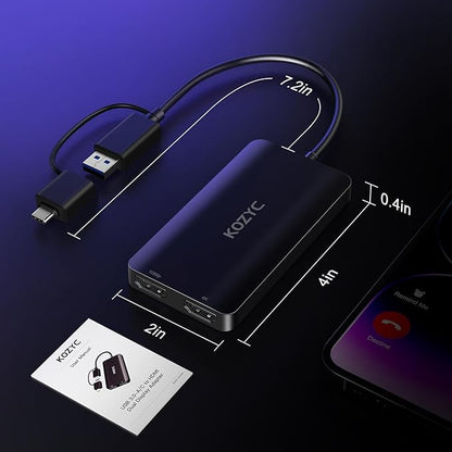 USB 3.0 to HDMI Splitter Extended Display Dual Monitors, USB 3.0-A/C to Dual HDMI Adapter 4K@30Hz+1080p@60Hz Compatible MacBook/MacBook Pro Air Dell (MST Support MacOS/Windows)