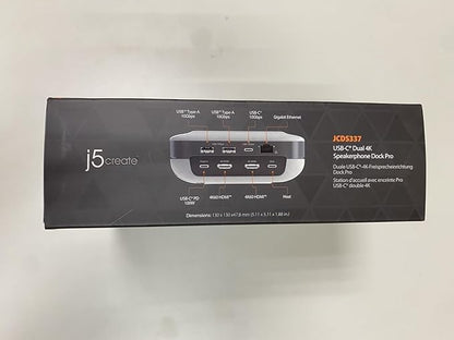 j5create USB-C Dual 4K Speakerphone Dock Pro, Dual 4K HDMI Audio Dock for Video Conference, USB-A x 2, USB-C, Gigabit ethernet, Pass-Through Charging - Works with Teams, Zoom (JCDS337)