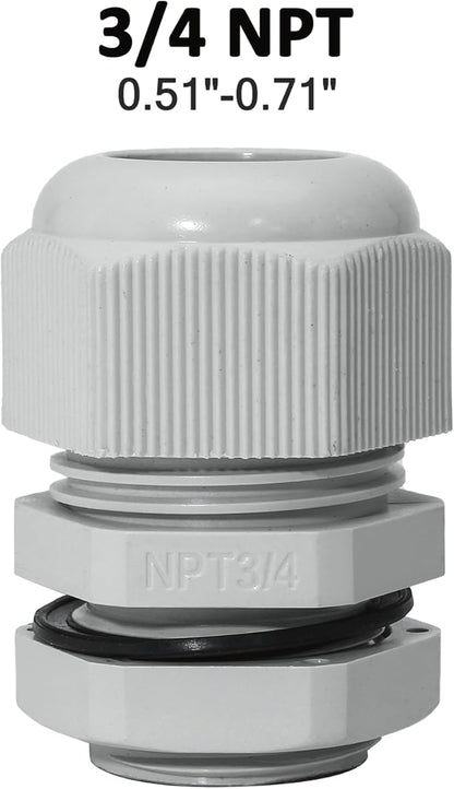 20 Pcs 3/4" NPT Nylon Cable Glands, IP68 Waterproof Adjustable Cord Grip Cable Connector Strain Relief Wire Protectors for 13-18mm Cable Diameter, Grey