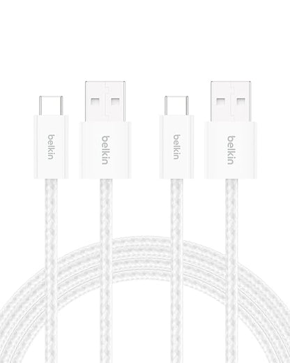 Belkin USB A to USB C Cable 2-Pack, 6.6ft, 15W - Type C Charger, iPhone Charger Cord, Soft, Braided, Flexible for iPhone 16 & 15, Galaxy S25, Pixel 9, iPad Pro, Airpods Pro, Switch & More - White