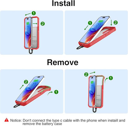 GIN FOXI Fast Charging Battery Case for iPhone 15 Pro Max/15 Plus, 8000mAh 15W Ultra Slim Charger Case Rechargeable Portable Extended Power Bank Case Cover Battery Pack Built-in Cable, Red(6.7”)