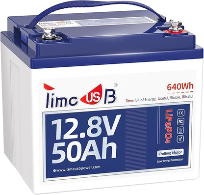 12V 50Ah TM LiFePO4 Battery with Low-temp Protection, 15000+ Cycles Battery with Grade A Cells, Built-in 50A BMS, Deep Cycle Lithium Battery Perfect for Trolling Motor, Kayak, RV,Camping