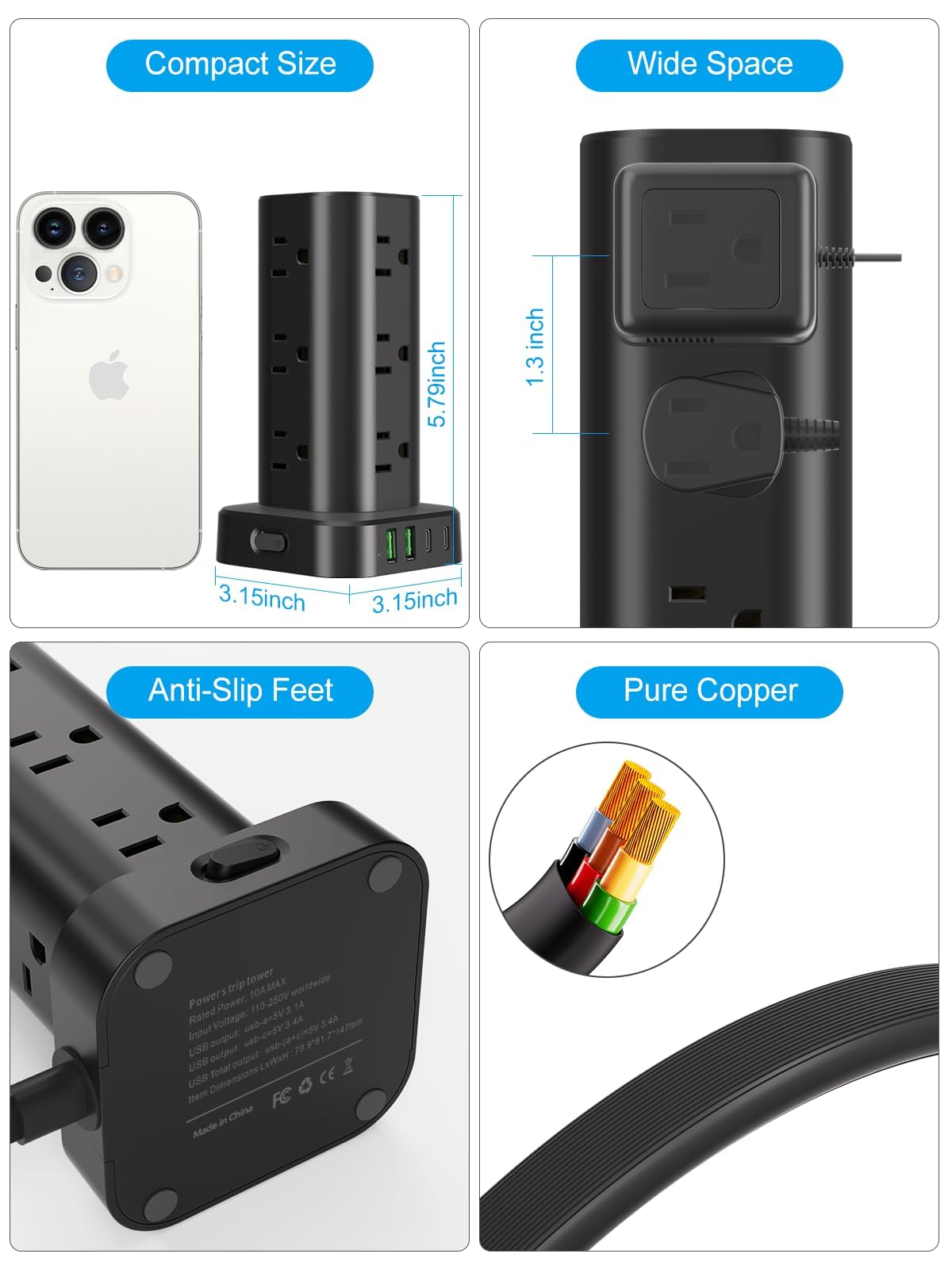 Power Strip Tower with Multiple Outlets, Flat Plug Surge Protector Tower Extension Cord with 12 AC Outlets 4 USB Ports (2 USB C), 15FT Cord Power Tower Surge Protector for Home Office Dorm Room, Black
