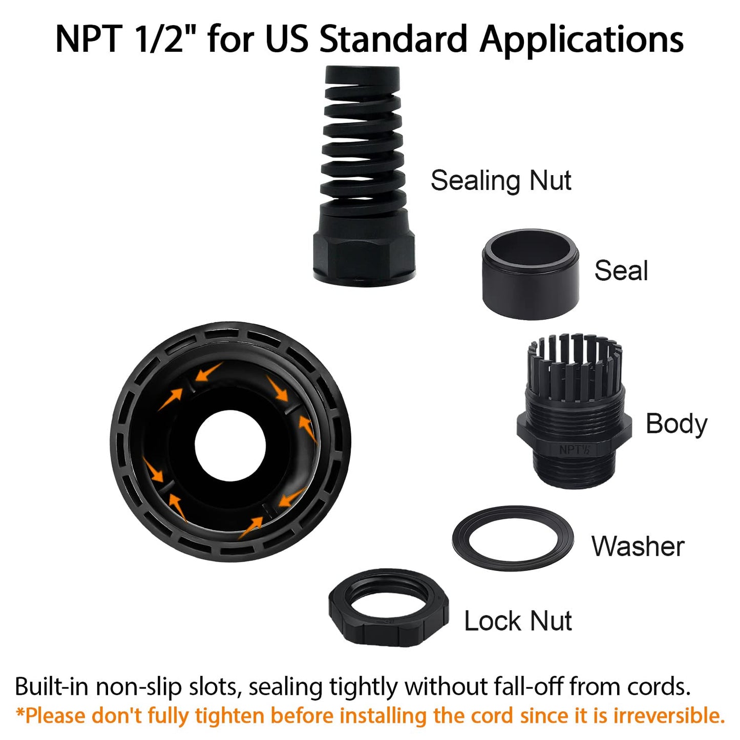 LeMotech 5Pcs NPT 1/2" IP68 Waterproof Cable Gland Flex Spiral Strain Relief Black Nylon Joint with Gaskets for 6-12mm Wire Thread