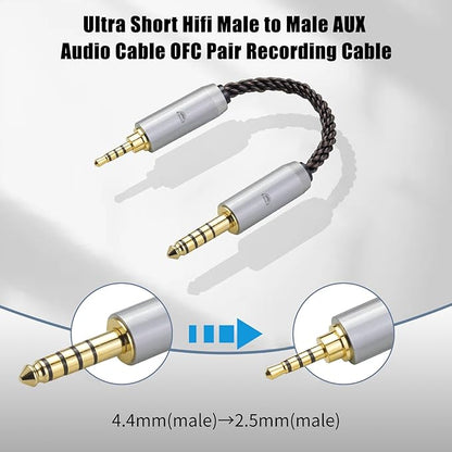 okcsc 4.4MM Male to 2.5MM Male Ultra Short Hifil Male to Male AUX Audio Cable OFC Pair Recording Cable Wire-Breakage-Prevention Design Adoption of 8-Core Braided Structure 5.82 inch