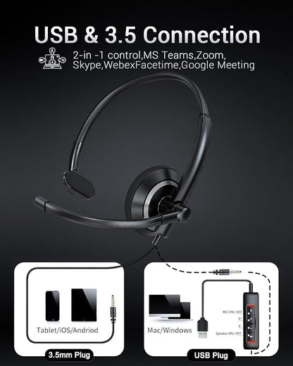 USB Headset with Microphone for PC - Lightweight Single-Ear Computer Headset, Crystal Clear Sound & Comfort Fit, Flexible Steel Headband (3.5mm+USB)