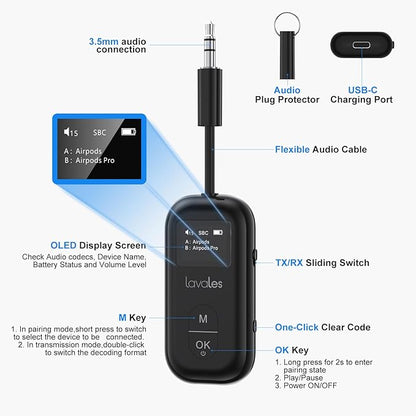 Bluetooth 5.3 Transmitter Receiver for Airplane to 2 Headphone – AptX Low Latency, 100ft Long Range, 25H Playtime, 2-in-1 Wireless Bluetooth Audio Adapter W/Screen for TV, Tablets, Speakers
