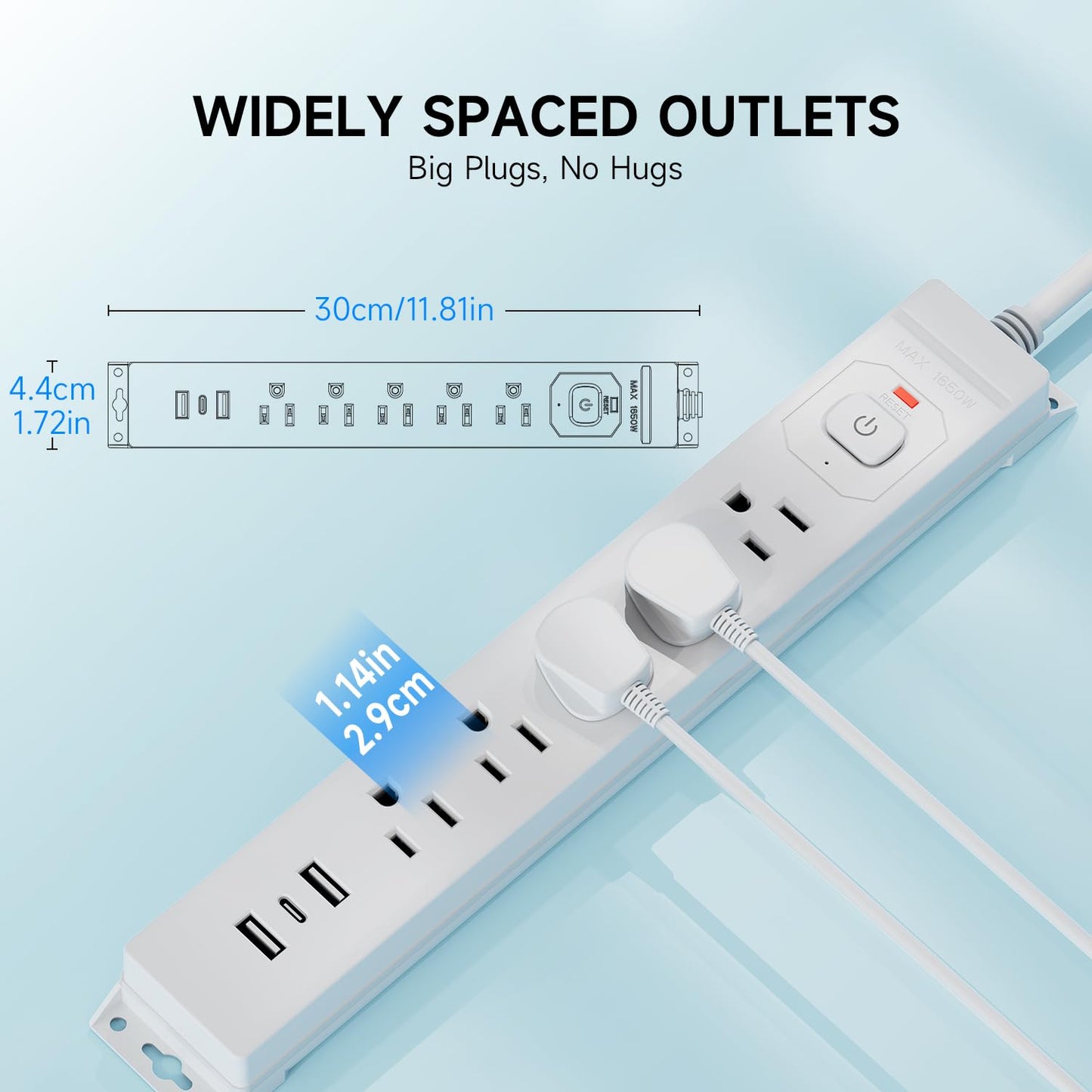 15 Ft Power Strip Surge Protector with USB Ports, Flat Plug Extension Cord, 5 AC Outlets and 3 USB Charging Ports, Wall Mountable for Home, Office, Dorm