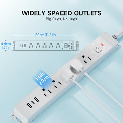 15 Ft Power Strip Surge Protector with USB Ports, Flat Plug Extension Cord, 5 AC Outlets and 3 USB Charging Ports, Wall Mountable for Home, Office, Dorm