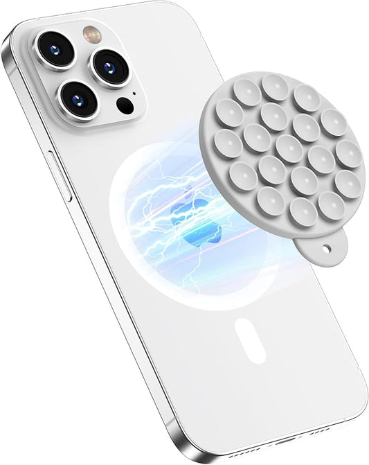HSAOHD Magnetic Suction Cup Phone Mount with MagSafe, Silicone Hands-Free Grip Holder for iPhone Case and Android, Mirror Shower Phone Stand for Makeup FaceTime Gym Kitchen Bathroom, Light Gray