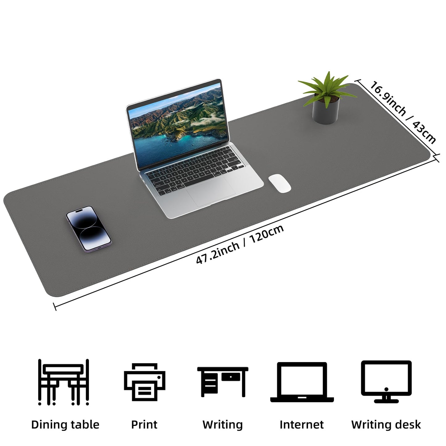 AFIING Leather Desk Pad Protector, 47" x 17" Large Desk Mat with Natural Cork & PU Leather, Mouse Pad, Non-Slip, Waterproof Desk Writing Pad for Office and Home (Dark Grey)