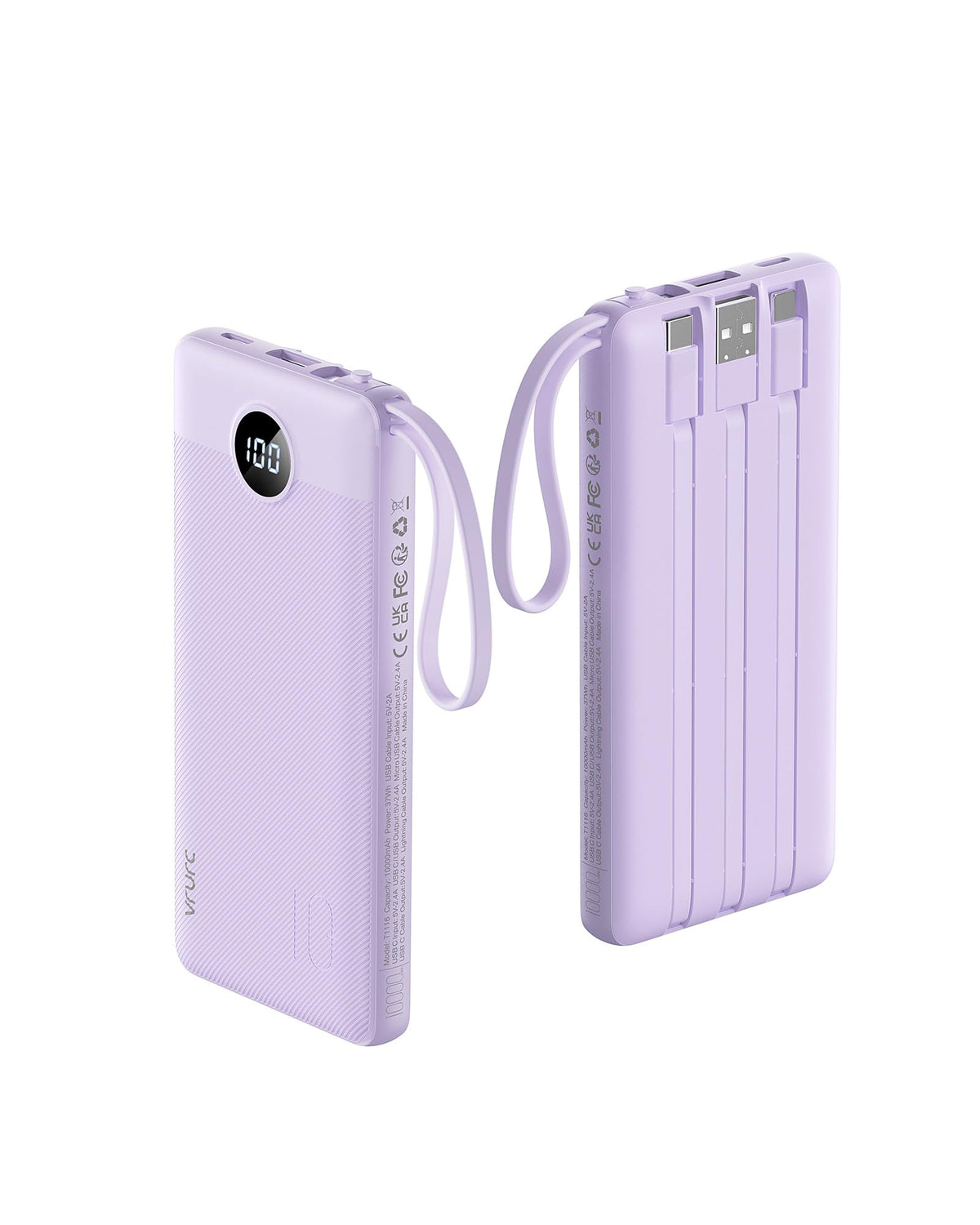 VRURC Portable Phone Charger, Built-in 4 Cables USB C Power Bank 10000mAh