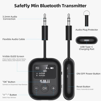 Airplane Bluetooth 5.3 Transmitter for All Headphones - Bluetooth Adapter for TV - Dual Connection - aptX Low Latency - Flying Travel,Long Flight Essentials - Wireless Audio Aux for MP3,Game,PC-Black
