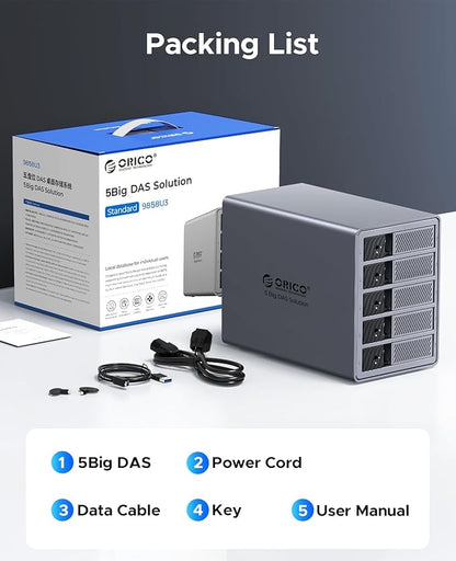 ORICO 5 Bay DAS Hard Drive Enclosure USB 3.0 for SATA 3.5 inch SSDs HDDs Bracket-Free External Hard Drive Bay Max up to 110TB ( Alluminum Alloy) -9858U3