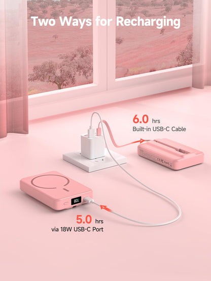 LVFAN for Magnetic Power Bank 10000mAh, Fast Charging Wireless Magnetic Portable Charger with Built-in USB C in&Out Cable, Travel LED Display Battery Pack for iPhone 17 16 15 14 13 12