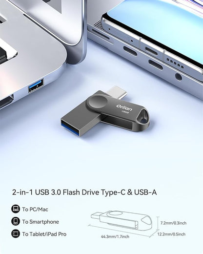 128GB USB C Flash Drive, Dual Drive USB 3.0 and Type C Thumb Drive Up to 110MB/s Read Metal Waterproof Swivel Design Portable for PC Laptop Tablet Android Smartphone iPhone 15 and More, Gray