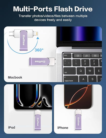 Gulloe 256GB Flash Drive Intended for iPhone, Memory Stick Storage for Photos and Videos Backup, Compatible with iPhone iPad Android PC, Plug and Play, No Application Required (Purple)