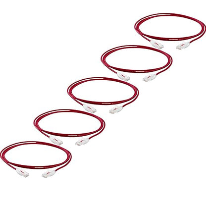 TRUECABLE Cat6 Component Rated Patch Cable, Unshielded (U/UTP), 7ft, Red, 28AWG Solid Copper, Snagless 10G High-Speed Ethernet Cable, PoE++ 4PPoE 100W, UL Listed, RoHS-3, 5 Pack