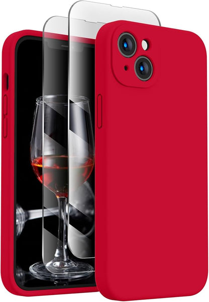 FireNova Designed for iPhone 13 Case, Silicone Upgraded [Camera Protection] Phone Case with [2 Screen Protectors], Soft Anti-Scratch Microfiber Lining Inside, 6.1 inch, Deep Red