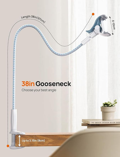 Gooseneck Phone Holder for Bed - [Upgrade Nylon Braid] 38” Flexible Lazy Arm Clip, 360 Adjustable Overhead Phone Mount for iPhone 16 15 14 13 12 11 Pro Max Mini Plus, 4-7" Cellphone - White