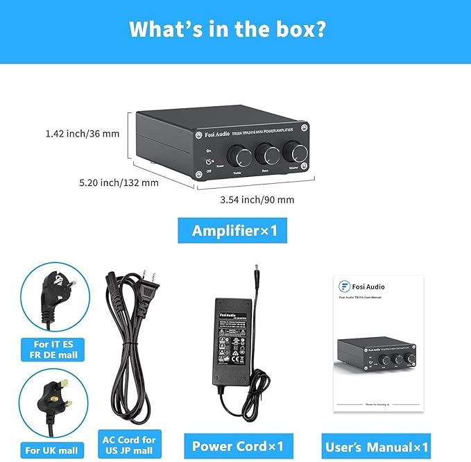 Fosi Audio TB10A 2 Channel Stereo Audio Amplifier Receiver Mini Hi-Fi Class D Integrated Amp 2.0CH for Home Speakers 100W x 2 with Bass and Treble Control TPA3116(with Power Supply)