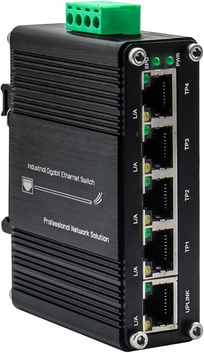 Mini 5 Port Industrial Gigabit Ethernet Switch, Unmanaged Hardened Network Switch, 12-48VDC Wide Power Input, DIN-Rail or Wall Mount, Plug and Play, Outdoor Rated, Rugged Metal Case